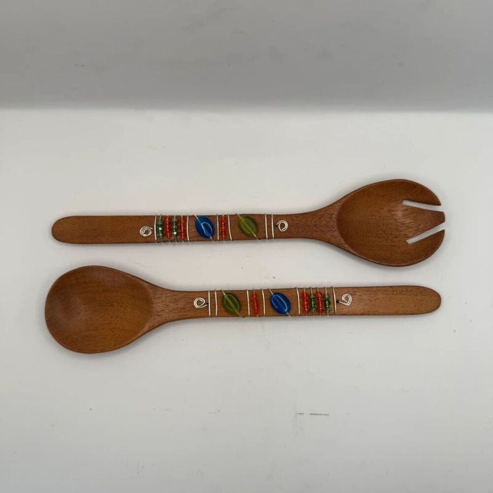Artisan Handcrafted Beaded Wire Wrapped Wooden Salad Servers Spoon & Fork Set
